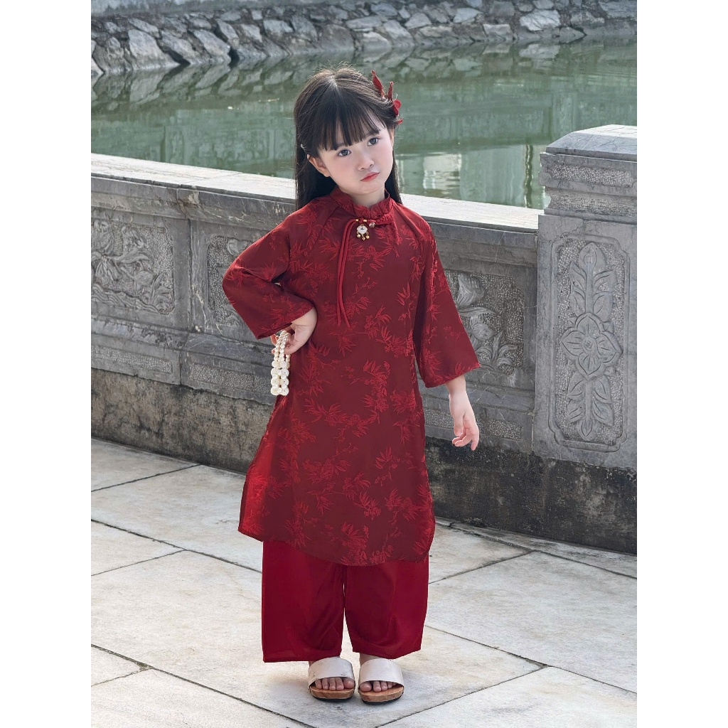 Áo dài tết 2026 mẹ và bé lụa gấm phối nơ chuông Set áo dài cho mẹ bé size 11-65kg mặc đi chùa, chụp ảnh dễ thương