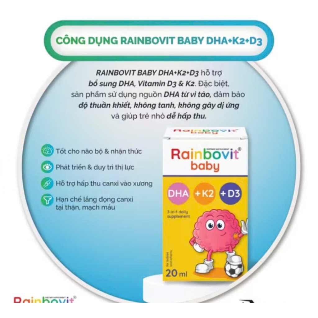 Rainbovit Baby DHA D3K2 công thức 3 trong 1 - Bổ sung cho xương răng chắc khoẻ ,thông minh, khoẻ mạnh