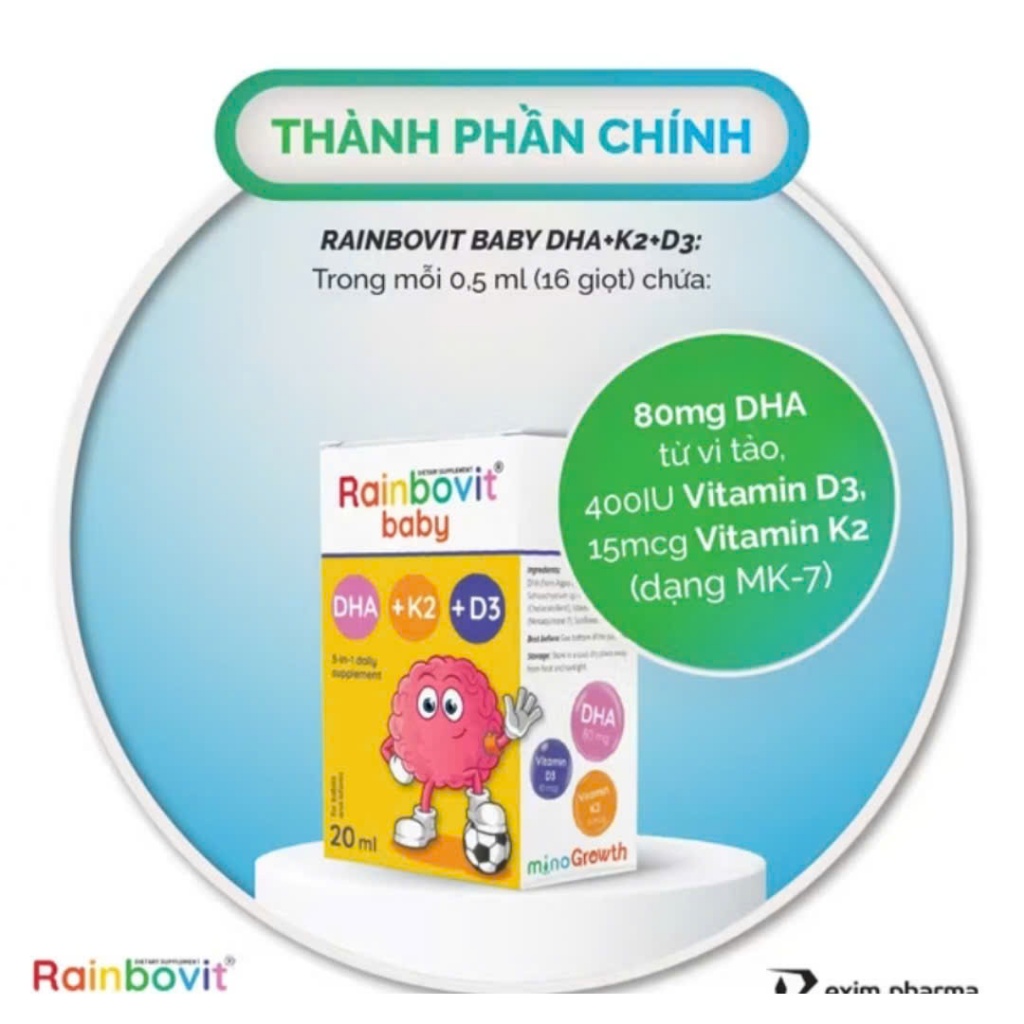 Rainbovit Baby DHA D3K2 công thức 3 trong 1 tối ưu cho trẻ sơ sinh chai 20ml + quà tặng