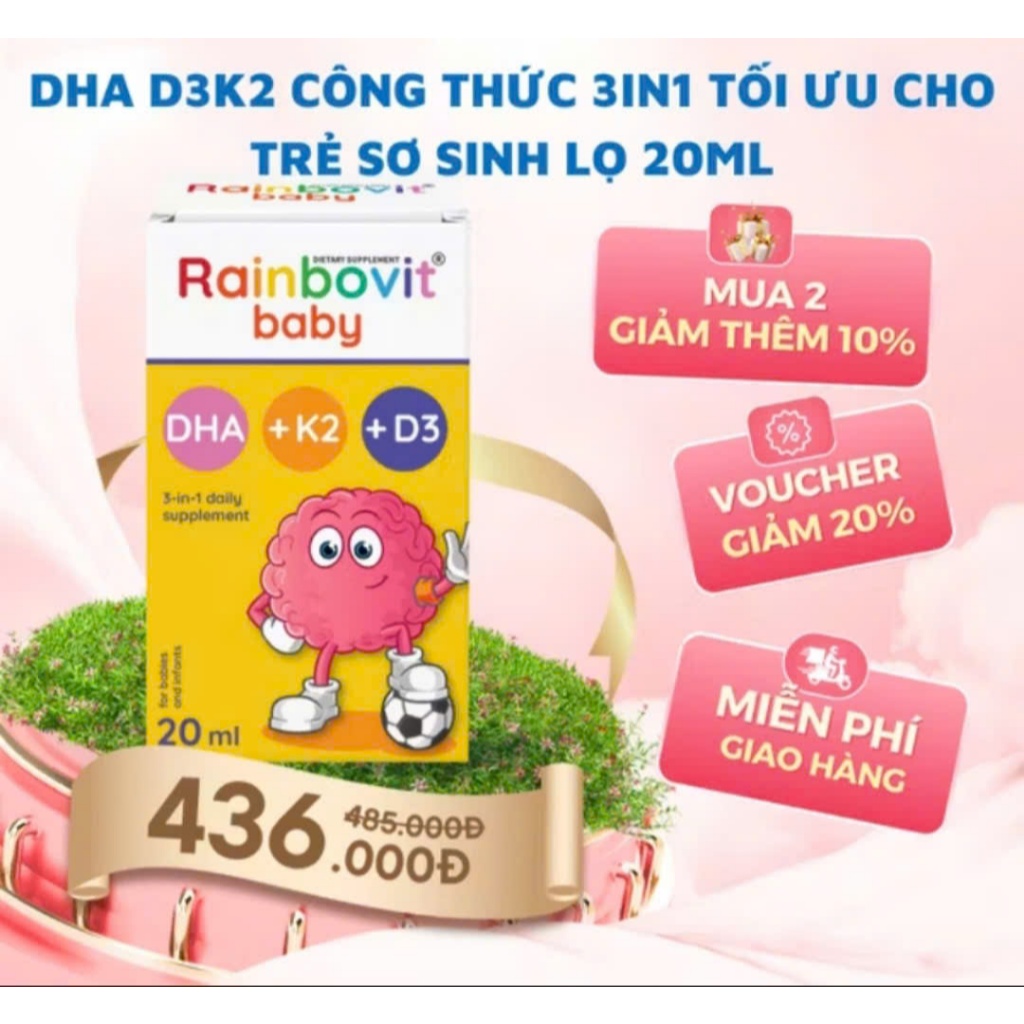Rainbovit Baby DHA D3K2 công thức 3 trong 1 tối ưu cho trẻ sơ sinh chai 20ml + quà tặng