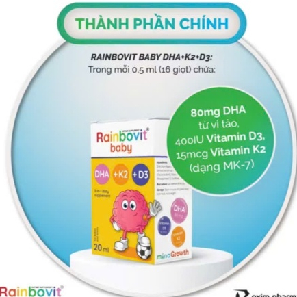 Rainbovit baby DHA + D3K2 hỗ trợ bé thông minh và phát triển chiều cao DHA từ vi tảo chai 20ml
