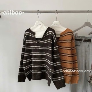 Áo Len Kẻ Sọc Cổ V Nữ Vintage Ulzzang 2 Màu Nâu Cam 247store Hàng QC Aolenke1728