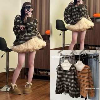 Áo Len Kẻ Sọc Cổ V Nữ Vintage Ulzzang 2 Màu Nâu Cam 247store Hàng QC Aolenke1728