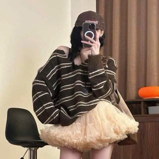 Áo Len Kẻ Sọc Cổ V Nữ Vintage Ulzzang 2 Màu Nâu Cam 247store Hàng QC Aolenke1728
