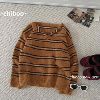 Áo Len Kẻ Sọc Cổ V Nữ Vintage Ulzzang 2 Màu Nâu Cam 247store Hàng QC Aolenke1728