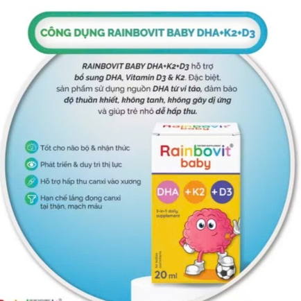 Rainbovit baby DHA + D3K2 hỗ trợ bé thông minh và phát triển chiều cao DHA từ vi tảo chai 20ml
