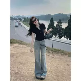 Áo polo thun ôm đen ngắn tay phối nút