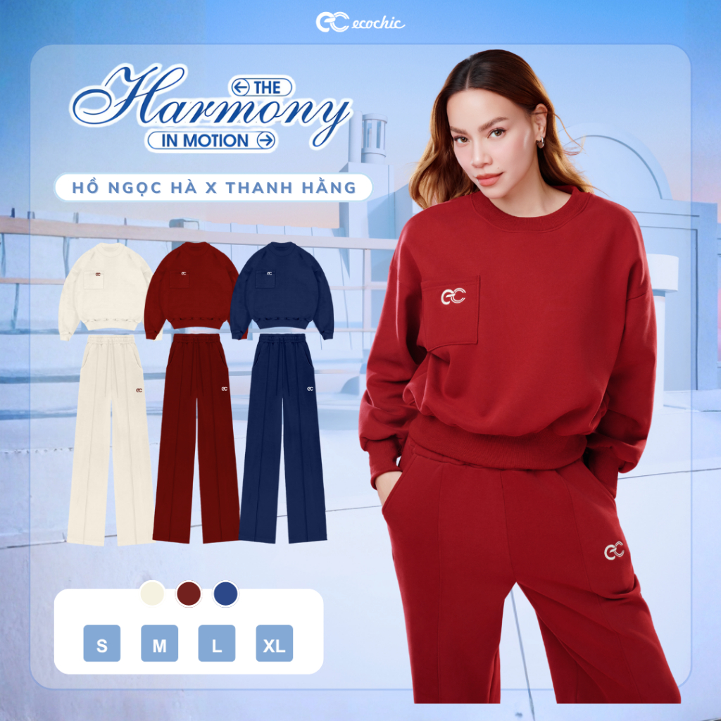 Set Bộ ECOCHIC Áo Nỉ Lông Nhung Nhung Cổ Tròn Logo Ngực Quần Suông Cao Cấp Mềm Mịn Chính Hãng HNH B208