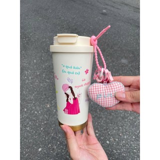 Dây Đeo và Charm  Bình Giữ Nhiệt – Hoa Len & Trái Tim Pink Pastel Phong Cách Hàn Quốc dễ thương