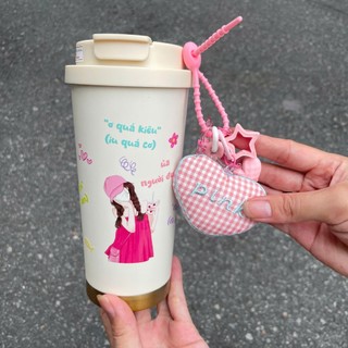 Dây Đeo và Charm  Bình Giữ Nhiệt – Hoa Len & Trái Tim Pink Pastel Phong Cách Hàn Quốc dễ thương