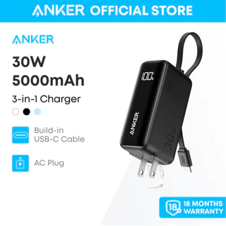 [N]Anker Power Bank Charger Block 3-in-1 5,000mAh Portable Charger with Built-in USB-C Cable and Foldable AC Plug -A1636