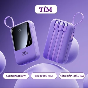 Pin dự phòng màu tím mới 20000mAh với sạc siêu nhanh 20W và đi kèm 4 cáp sạc nhanh