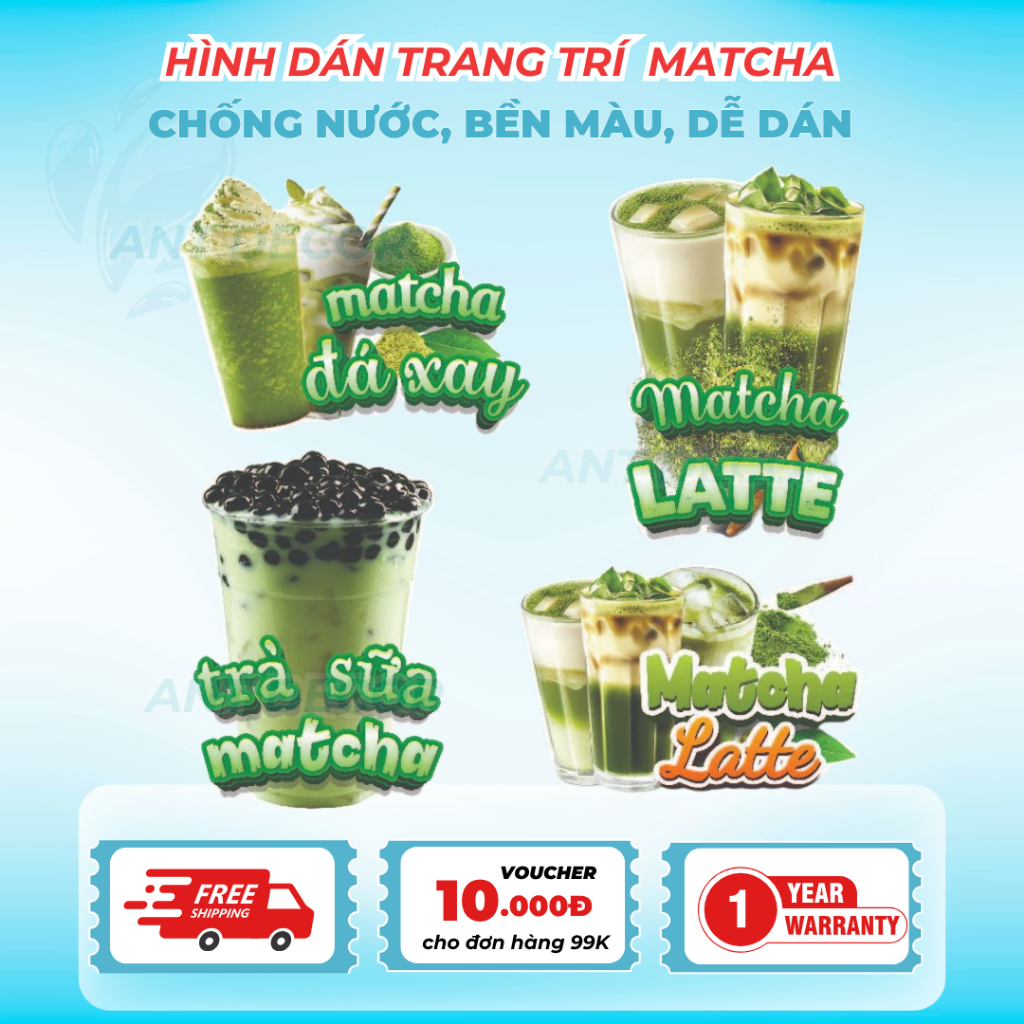 Decal Matcha Latte – Nhãn Dán Trang Trí Quầy Cafe, Xe Nước Uống – Đẹp Mắt, Bền Màu, Chống Nước