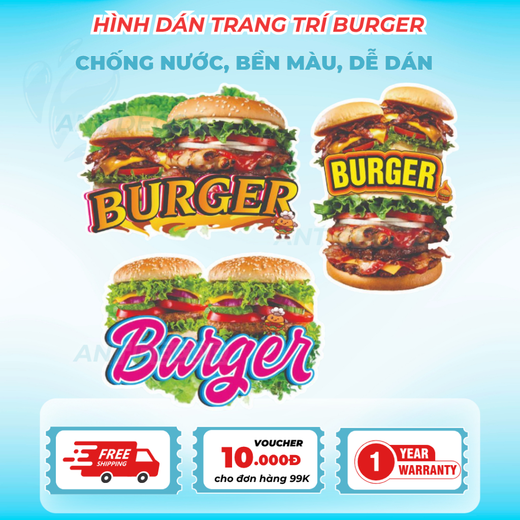 🔥 Decal Bánh Burger  – Decal Dán Tường Trang Trí - Sticker Chống Thấm Nước, Chống Nắng, Cắt Sẵn