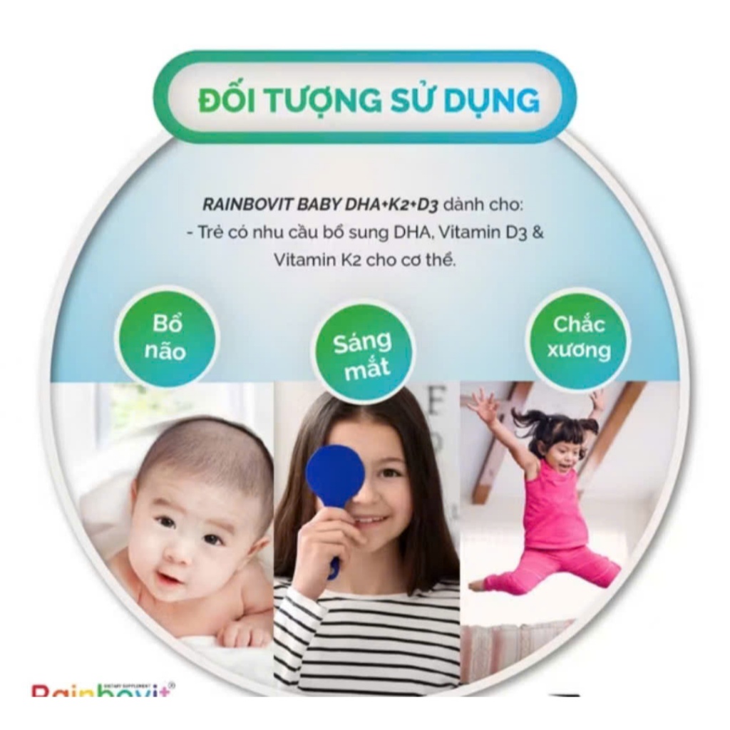 Rainbovit Baby DHA D3K2 công thức 3 trong 1 - Bổ sung cho xương răng chắc khoẻ ,thông minh, khoẻ mạnh