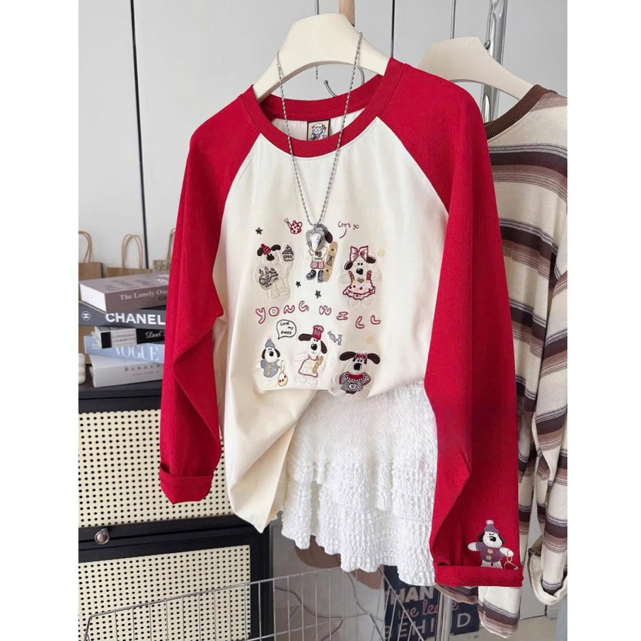 Áo tay dài phối Ragan, Áo dài tay phối đỏ in hình JULY FASHION, dáng rộng basic, chất xượt mềm mịn phù hợp Thu Đông