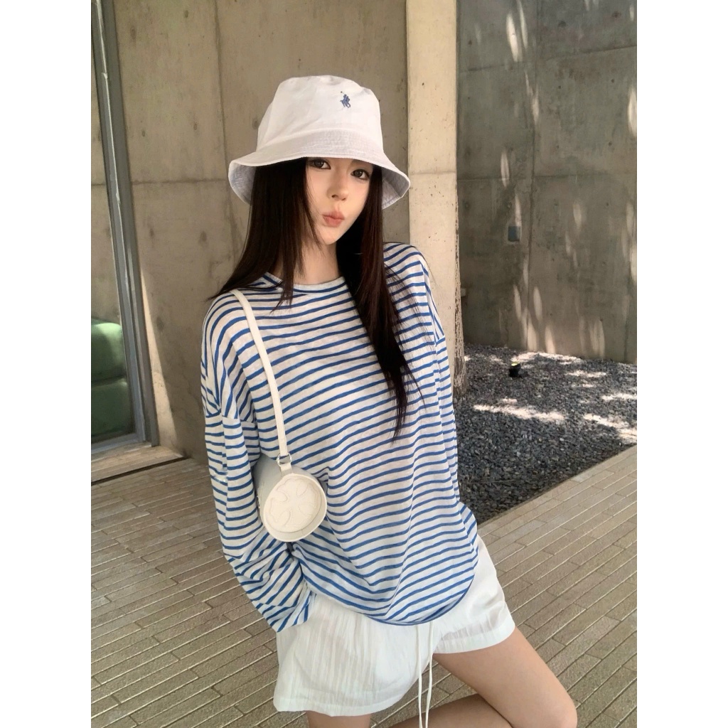 Áo dài tay Sọc ngang xanh đậm hottend Thu Đông 2025 JULY FASHION, Áo thun nữ tay dài, chất cotton dày dặn
