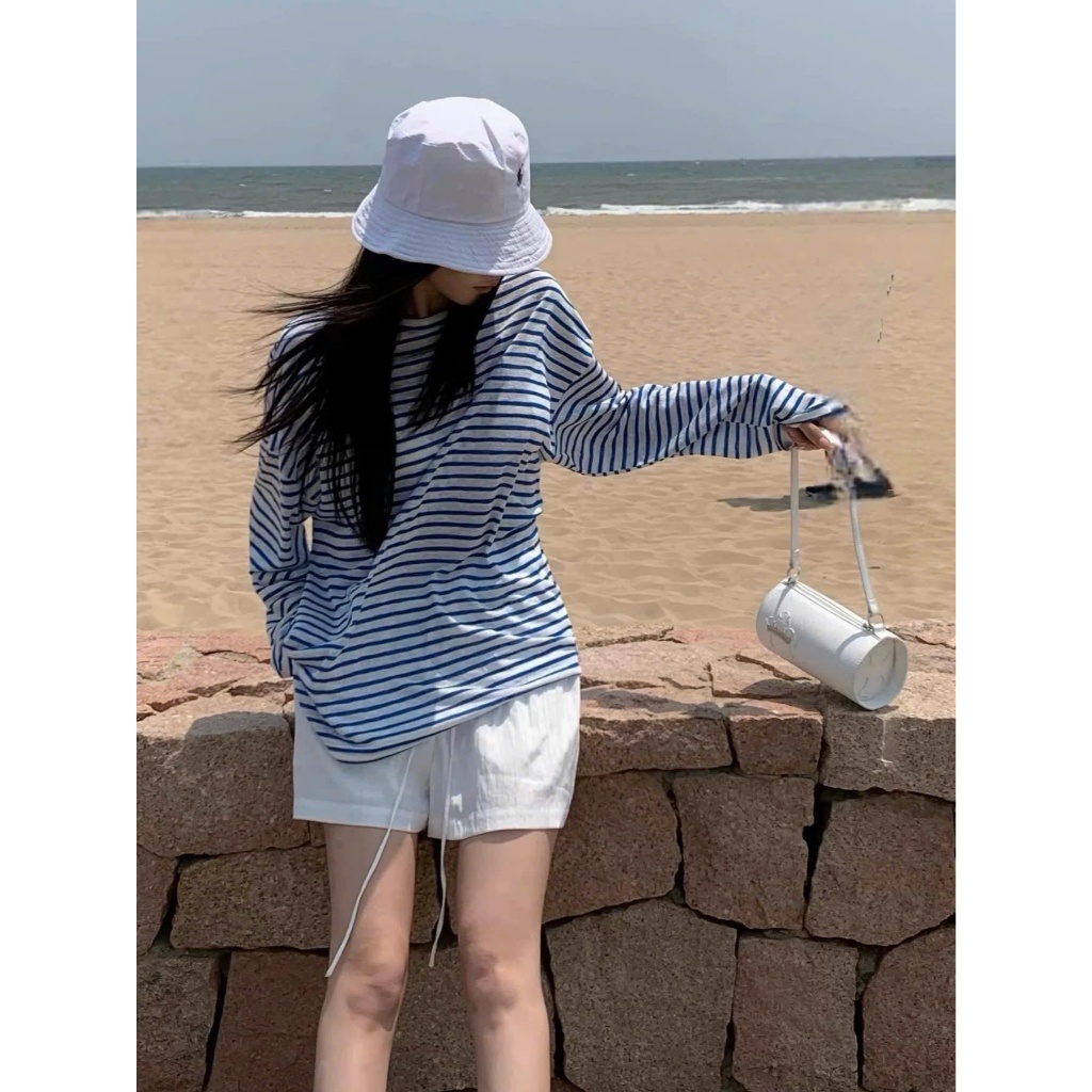 Áo dài tay Sọc ngang xanh đậm hottend Thu Đông 2025 JULY FASHION, Áo thun nữ tay dài, chất cotton dày dặn