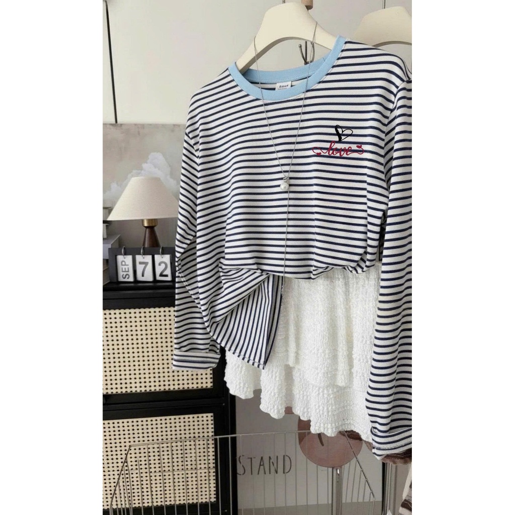 Áo dài tay Sọc ngang xanh đậm hottend Thu Đông 2025 JULY FASHION, Áo thun nữ tay dài, chất cotton dày dặn