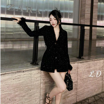 Váy Vest Nhung Đính Đá Dáng Ngắn Dài Tay Đính Lông Sang Trọng, Đầm Dự Tiệc Cổ V Chiết Eo Siêu Tôn Dáng Trẻ Trung Cá Tính