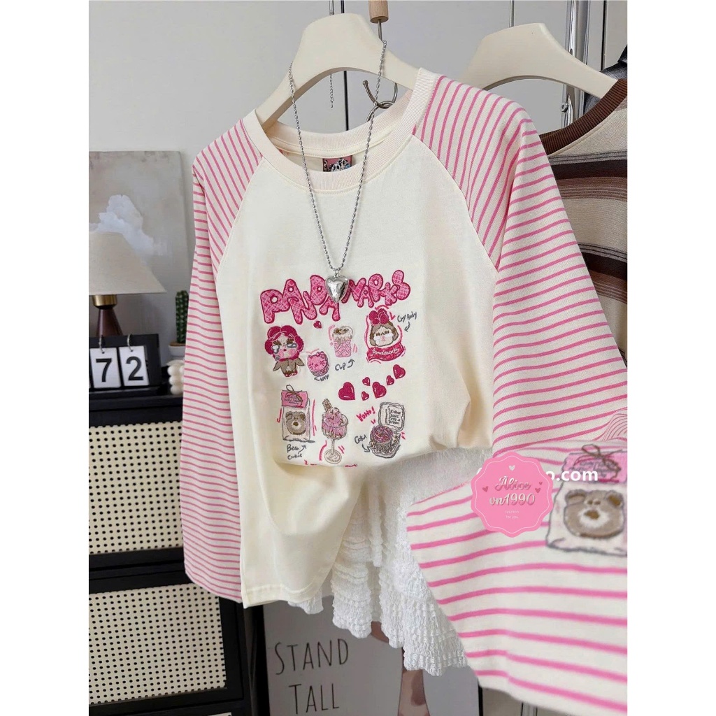 BST Thu Đông Áo dài tay phối kẻ sọc hồng Vintage JULY FASHION, Áo tay dài nữ in hình chất cotton mềm mịn, dày dặn