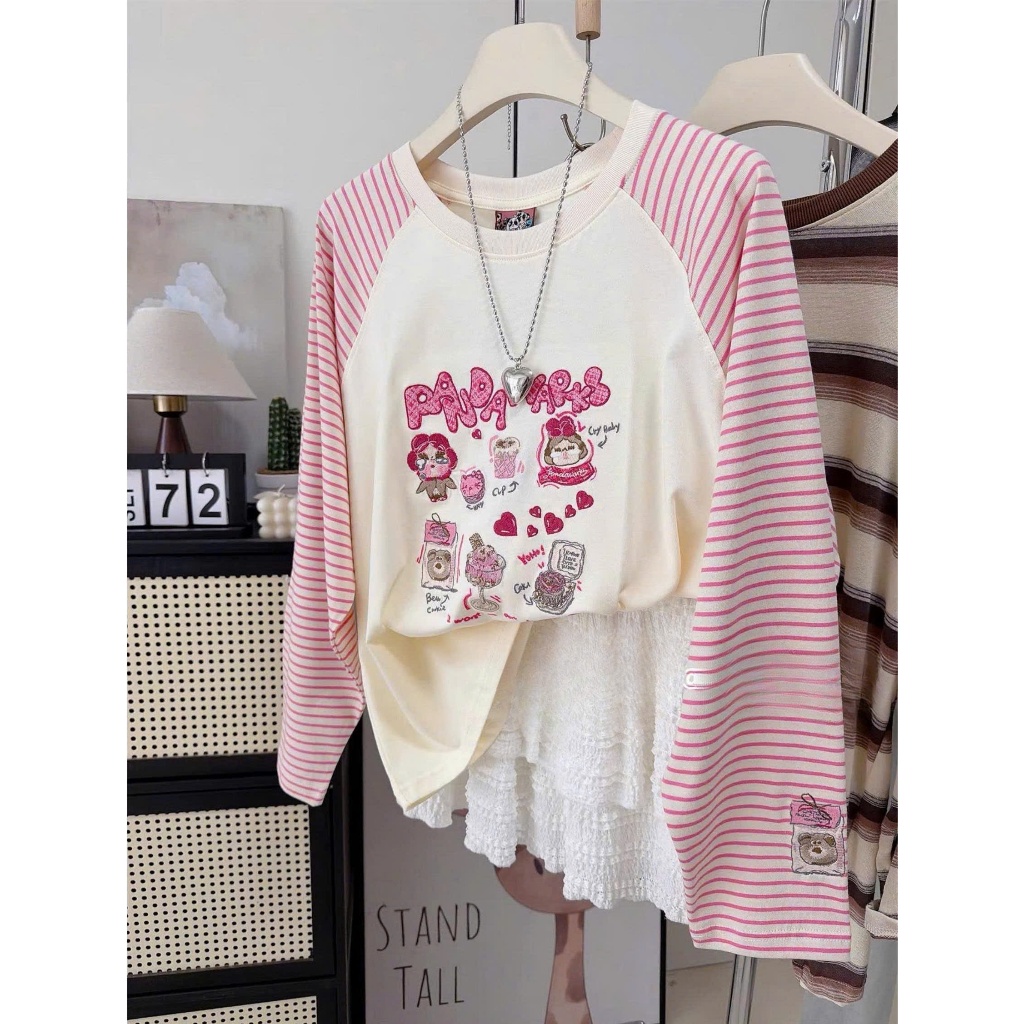 BST Thu Đông Áo dài tay phối kẻ sọc hồng Vintage JULY FASHION, Áo tay dài nữ in hình chất cotton mềm mịn, dày dặn