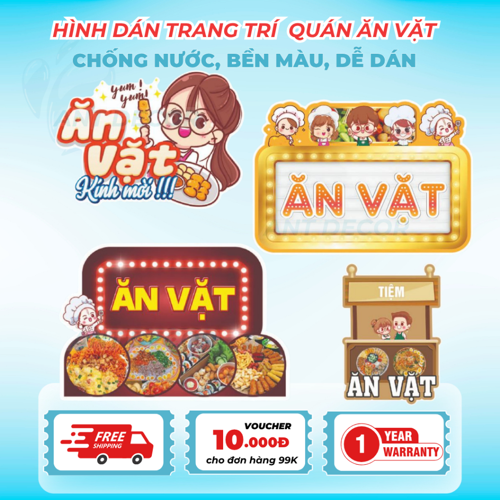 Decal ĂN VẶT - Decal Dán Tường Trang Trí Quán Ăn, Trà Sữa - Chống Thấm Nước, Chống Nắng, Cắt Sẵn