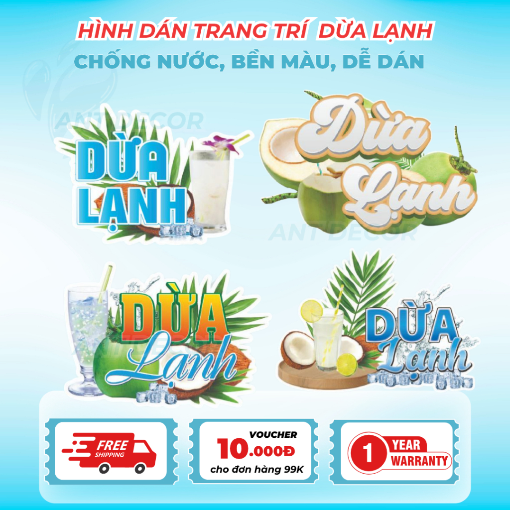 Decal Dán DỪA LẠNH – Nhãn Dán Trang Trí Xe Nước Giải Khát – Dễ Dán, Bền Đẹp, Chống Nước