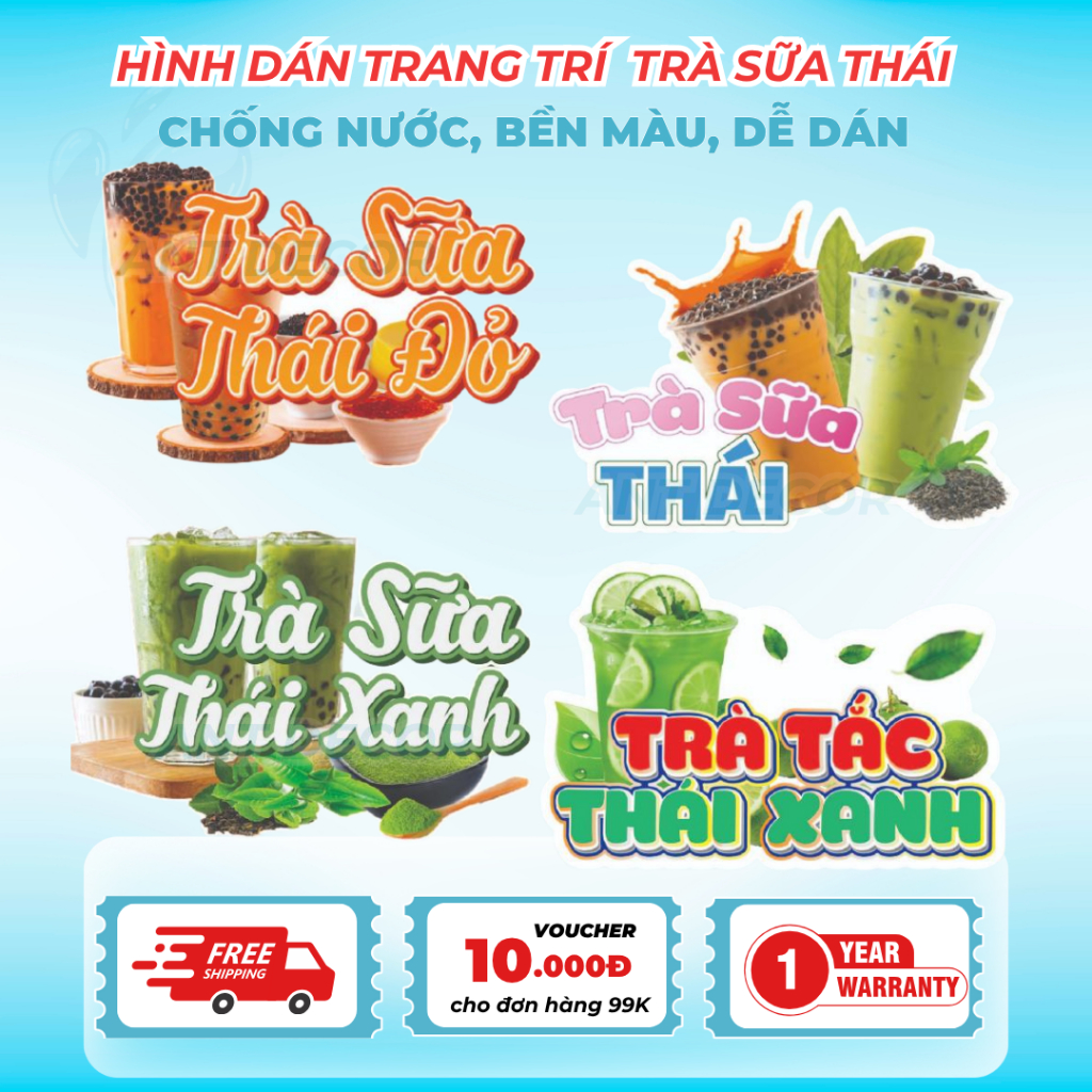 Decal TRÀ SỮA THÁI XANH – Nhãn Dán Trang Trí Xe Bán Trà Sữa, Quầy Nước – Chống Nước - Dễ Dán, Bền Đẹp, Bền Màu