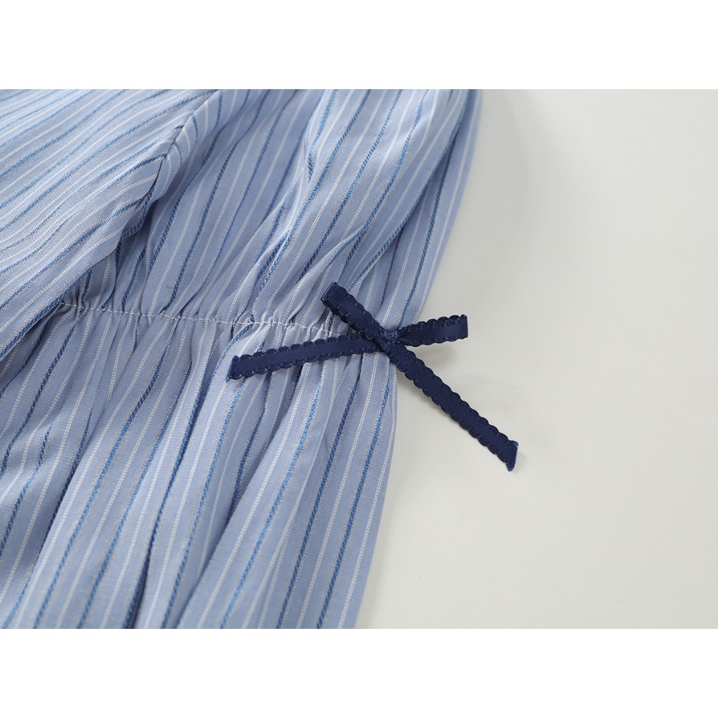 Áo sơ mi bé gái Hania Kids dài tay kẻ xanh phối nơ xinh xắn, phong cách tiểu thư Chất Liệu Cotton