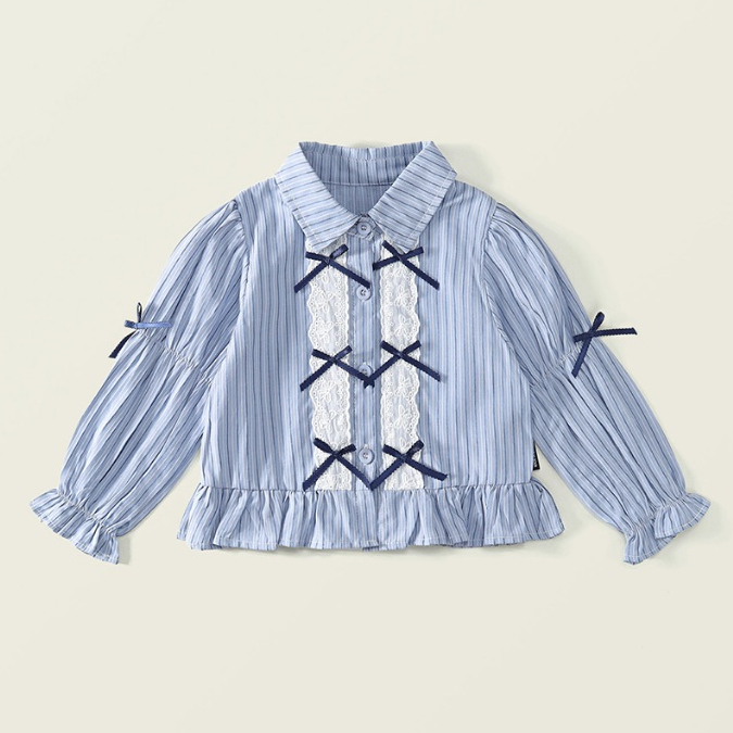 Áo sơ mi bé gái Hania Kids dài tay kẻ xanh phối nơ xinh xắn, phong cách tiểu thư Chất Liệu Cotton