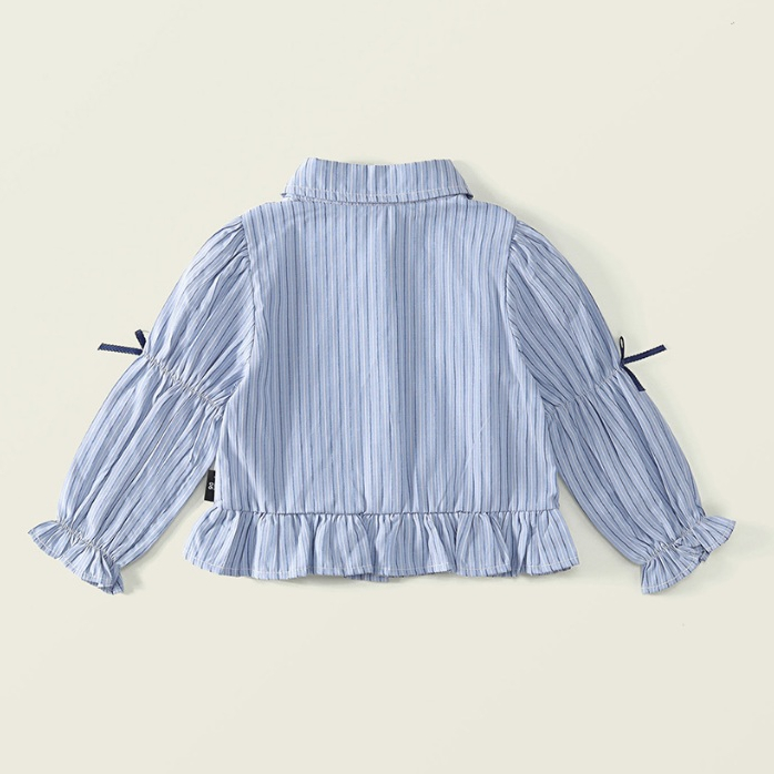 Áo sơ mi bé gái Hania Kids dài tay kẻ xanh phối nơ xinh xắn, phong cách tiểu thư Chất Liệu Cotton