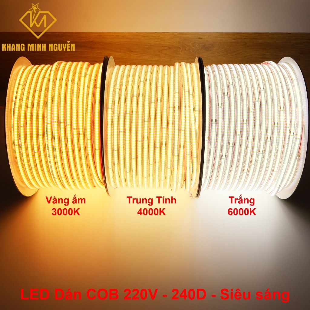 (Giá 5m kèm nguồn) LED dây dán COB 240D - 220V, Trắng - Trung tính - Vàng ấm, cuộn dài tối đa 100m