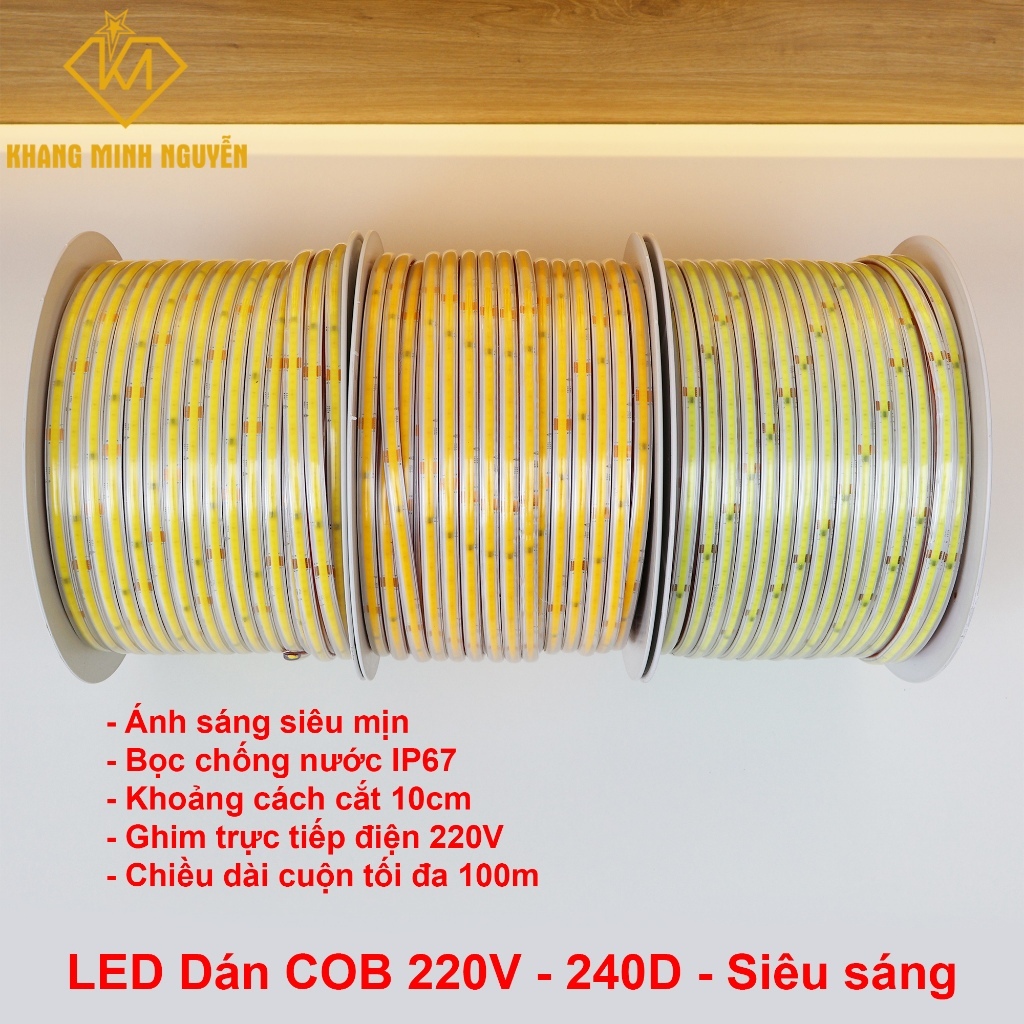 (Giá 5m kèm nguồn) LED dây dán COB 240D - 220V, Trắng - Trung tính - Vàng ấm, cuộn dài tối đa 100m