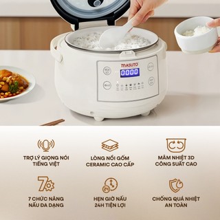 Nồi Cơm Điện Tử Masuto 1,5L,  Biết Nói, Lòng Nồi Ceramic Chống Dính Cao Cấp, Tích Hợp 7 Chức Năng