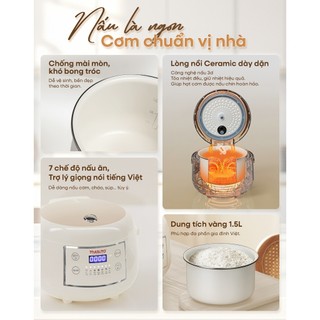 Nồi Cơm Điện Tử Masuto 1,5L,  Biết Nói, Lòng Nồi Ceramic Chống Dính Cao Cấp, Tích Hợp 7 Chức Năng