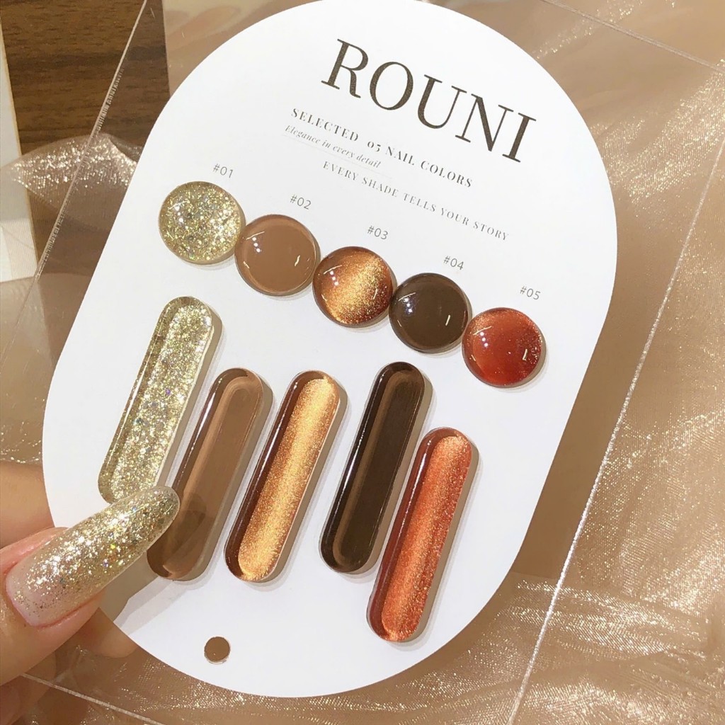 Set sơn Rouni 5 màu tone nâu thu đông mắt mèo hot trend màu thạch nâu đục chuyên dụng cho tiệm nail