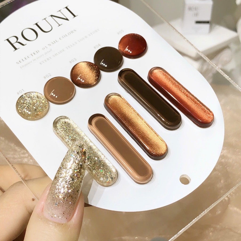 Set sơn Rouni 5 màu tone nâu thu đông mắt mèo hot trend màu thạch nâu đục chuyên dụng cho tiệm nail