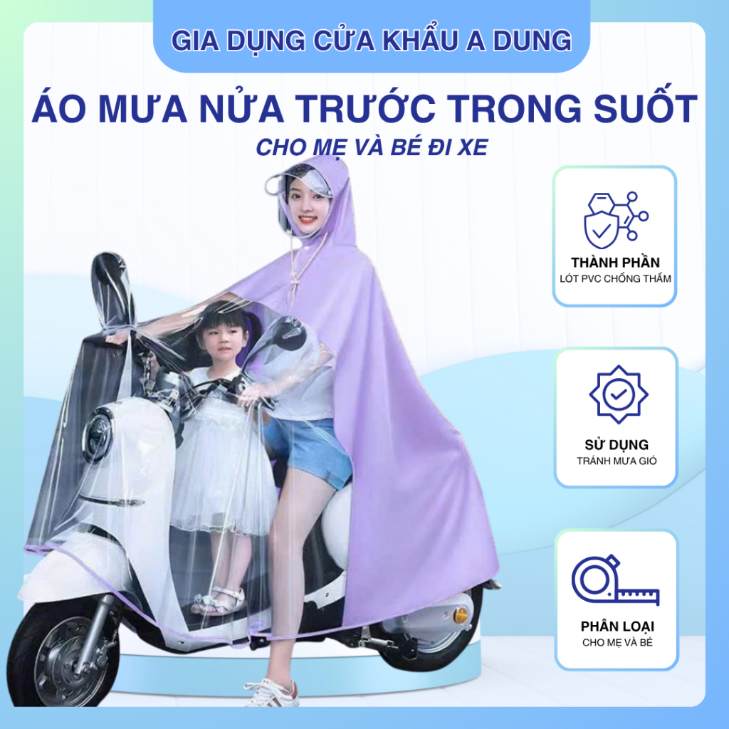 Áo Mưa Đi Xe Máy Nửa Trước Trong Suốt Che Phủ Toàn Thân, Vải Oxford Lớp PVC Chống Thấm Nước Cao Cấp