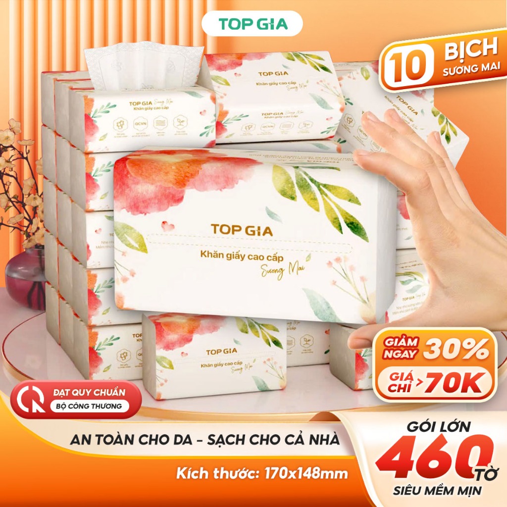 [KHĂN GIẤY SIÊU TO-460 TỜ CỠ ĐẠI] Giấy ăn rút Topgia sương mai dập vân 4D 460 tờ chắc chắn, siêu dai