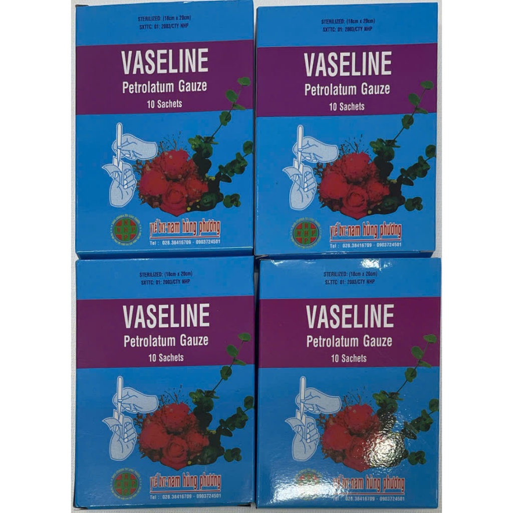 Gạc Vaseline  Hộp 10 miếng).Gạc Vaseline làm mềm mịn da hỗ trợ bảo vệ vết thương