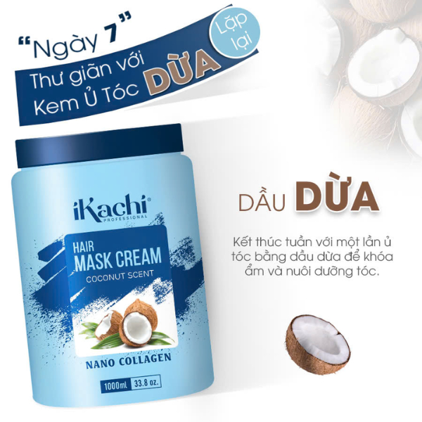 Kem ủ tóc Nano Collagen IKACHI kem hấp dầu phục hồi hư tổn cho tóc siêu mềm mượt, chắc khoẻ 1000ml