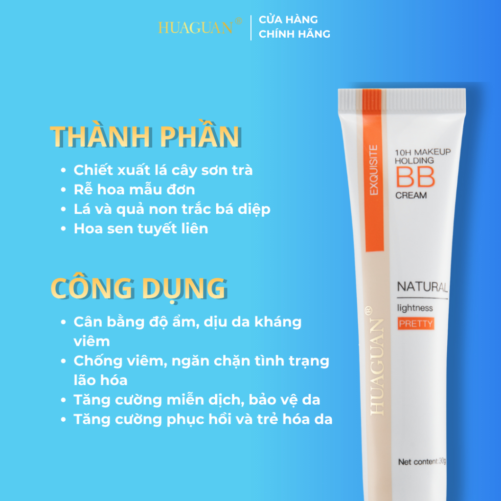 Kem Nền 10H Huaguan, che khuyết điểm, chống nắng và dưỡng ẩm 30g 10H - BB Cream