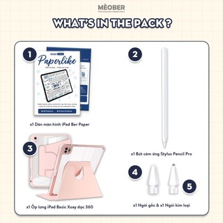 Combo phụ kiện iPad Starter Pack - Gồm 01 Bút Cảm ứng, 01 Ốp Bao Da Xoay dọc, 02 dán màn hình BerPaper by MèoBer
