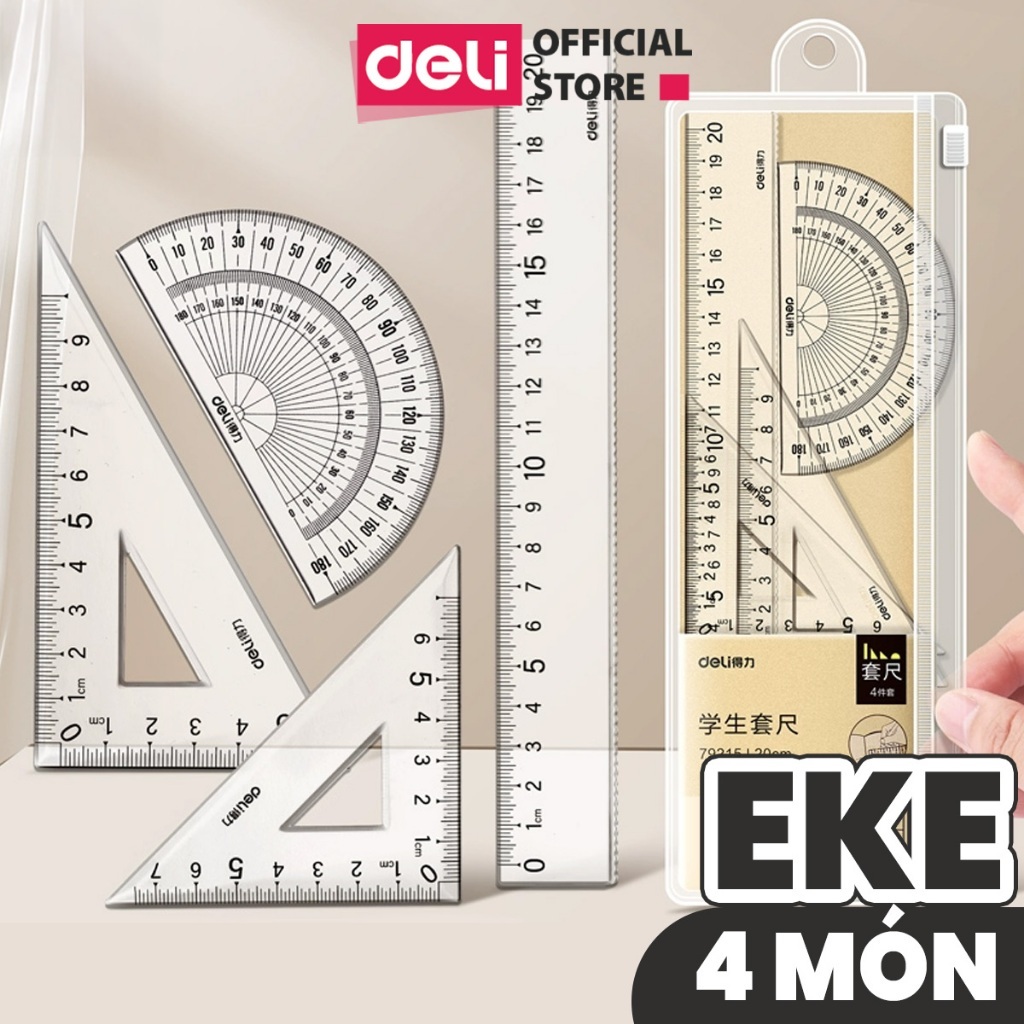 Bộ thước kẻ, thước đo độ, eke Deli cho học sinh bộ dụng cụ học tập 4 chiếc Trong suốt, dễ nhìn và đo chính xác