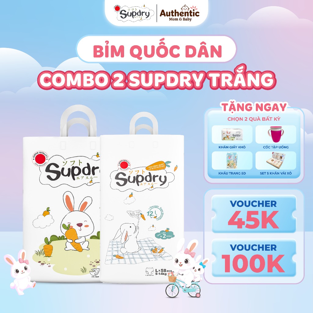 (KÈM QUÀ) COMBO 2 Tã Bỉm Supdry Trắng Quốc Dân – Mỏng Nhẹ, Thoáng Khí Cho Bé (Bỉm Dán/Quần | NB–XXXL | 4–20kg)