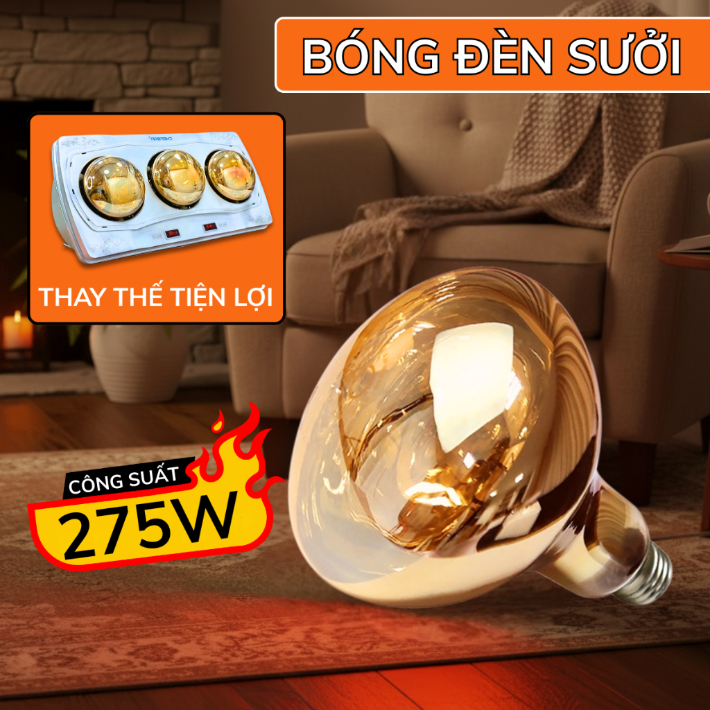 Bóng đèn sưởi công suất cao 275W, bóng sưởi nhà tắm thay thế cực dễ dàng, chống nước tuyệt đối