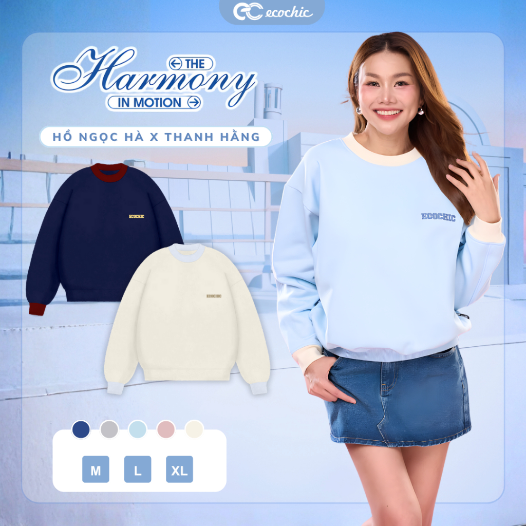 Áo Sweater Nỉ Bông ECOCHIC Cổ Tròn Basic Phối Tay Chất Liệu Cao Cấp Mềm Mịn Chính Hãng HNH B196
