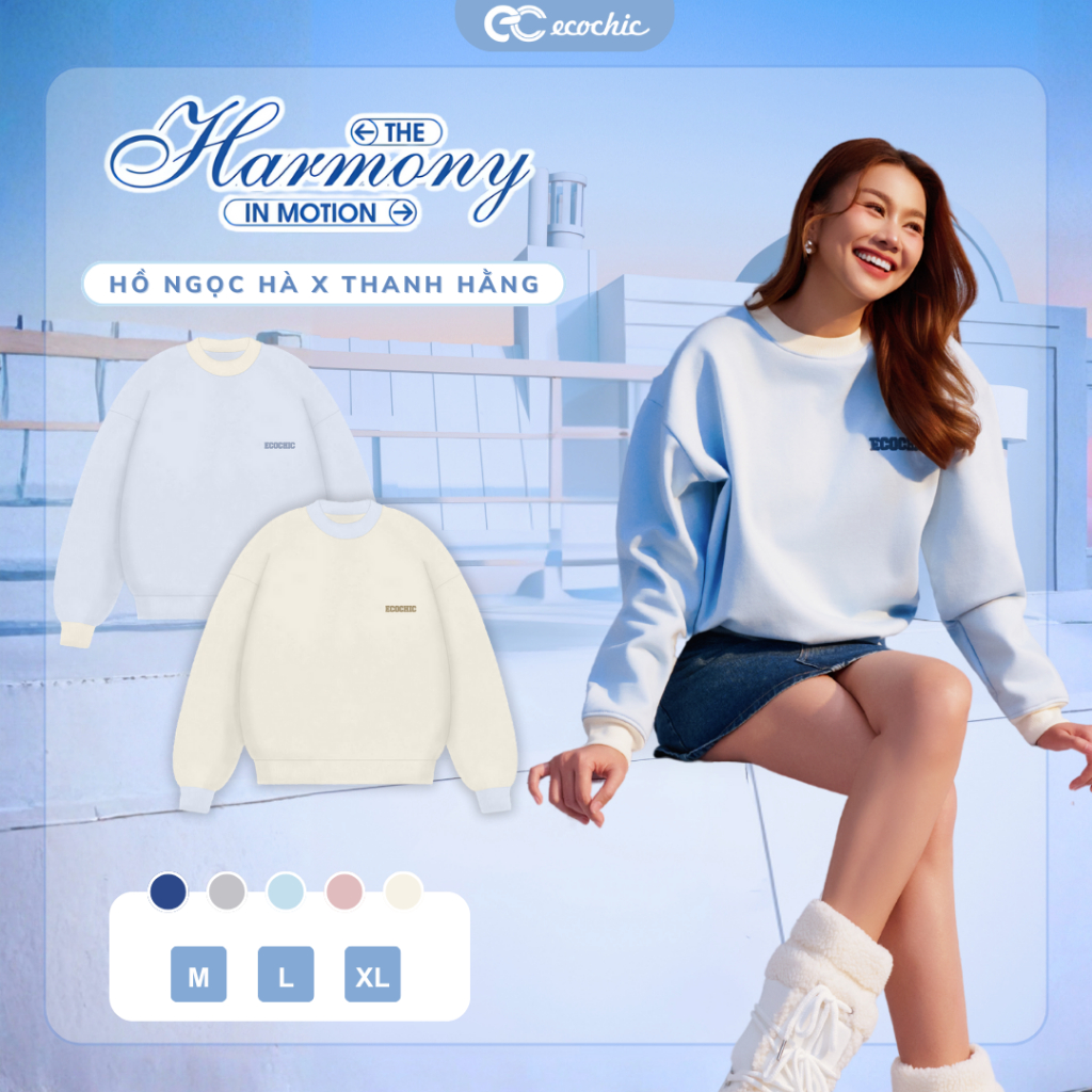 Áo Sweater Nỉ Bông ECOCHIC Cổ Tròn Basic Phối Tay Chất Liệu Cao Cấp Mềm Mịn Chính Hãng HNH B196