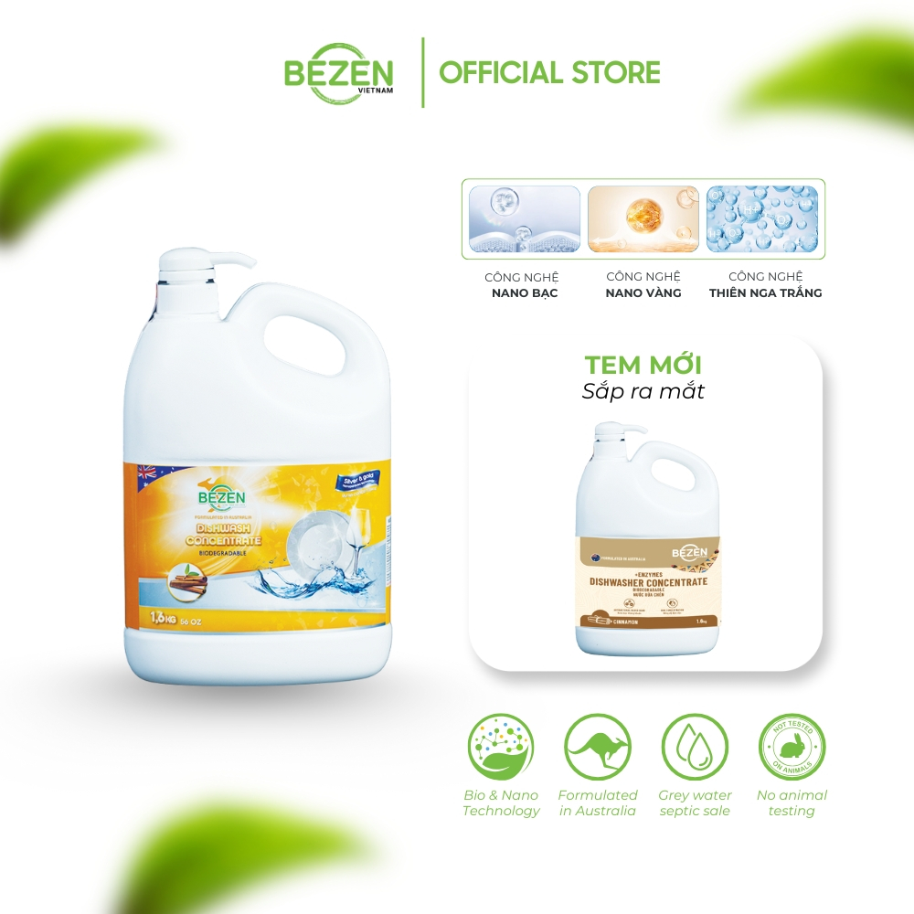 Nước Rửa Chén Bát BEZEN 1.6kg Nano Bạc Kháng Khuẩn Enzyme Lành Tính Sạch Dầu Mỡ